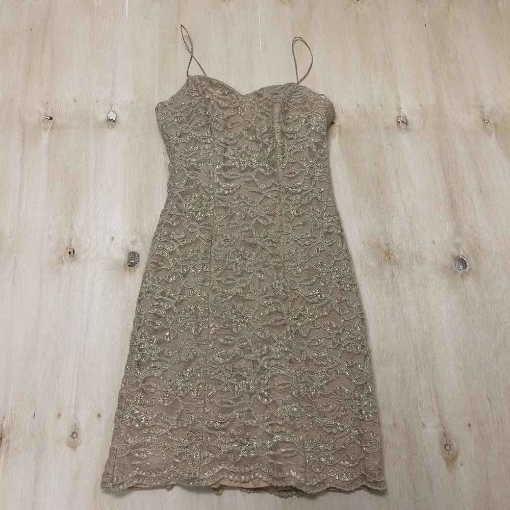Vintage De Laru Dress Womens Small Gold Sequin Lace Sleeveless Sweetheart Slip